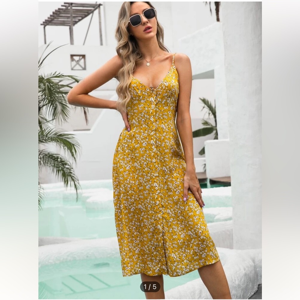 SHEIN yellow floral button front dress size s